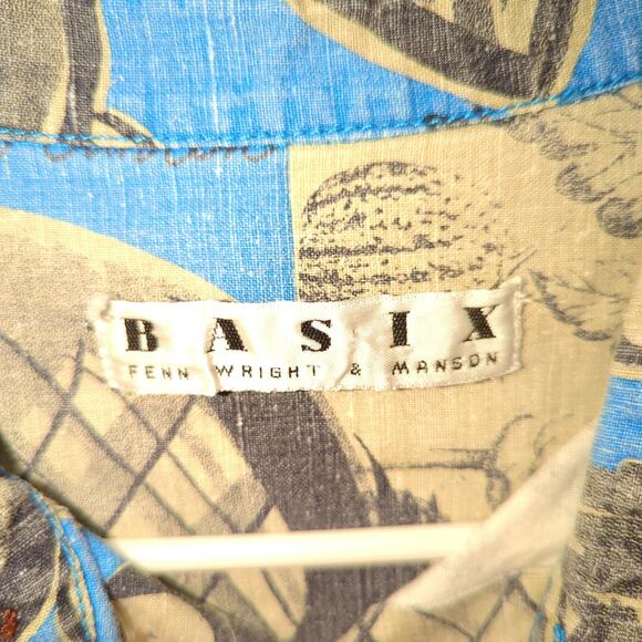 Basix Fenn Wright Manson Shirt L Linen Blend Blue Leaf Print VTG Hong Kong - Picture 3 of 6